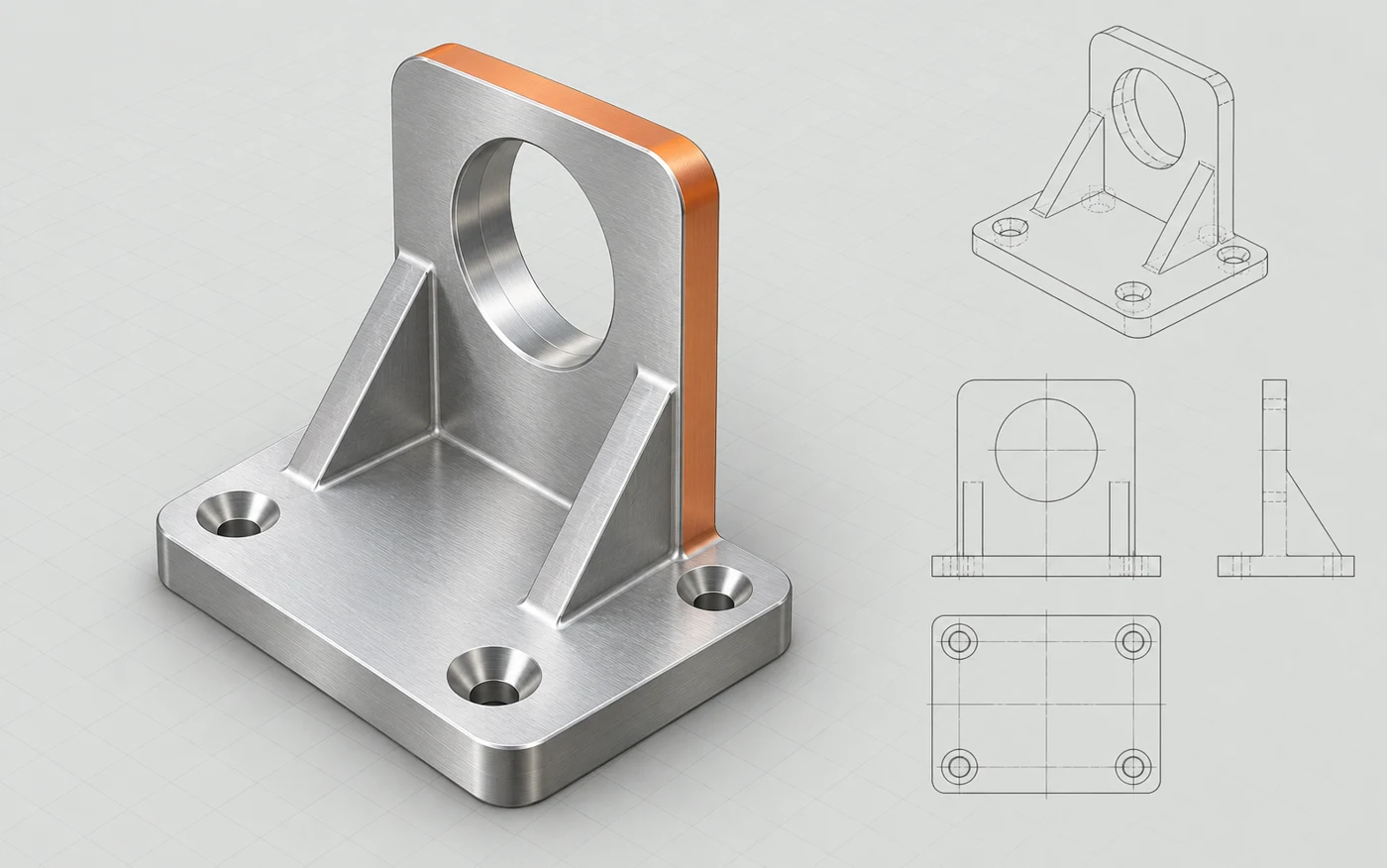 Illustrative parametric bracket with drawing views and an outside edge highlighted for review.