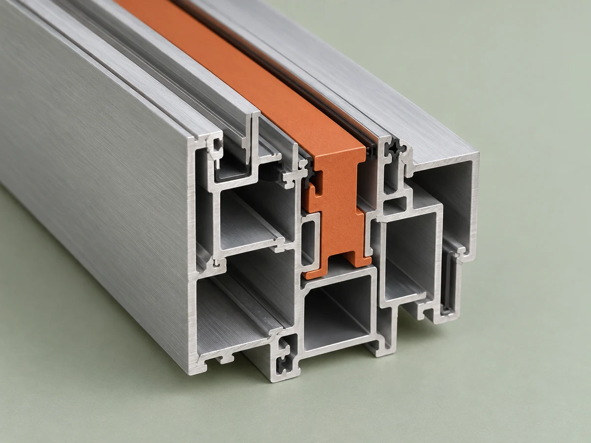 Illustrative aluminium facade profile cross-section with an orange insert, shown at close range.